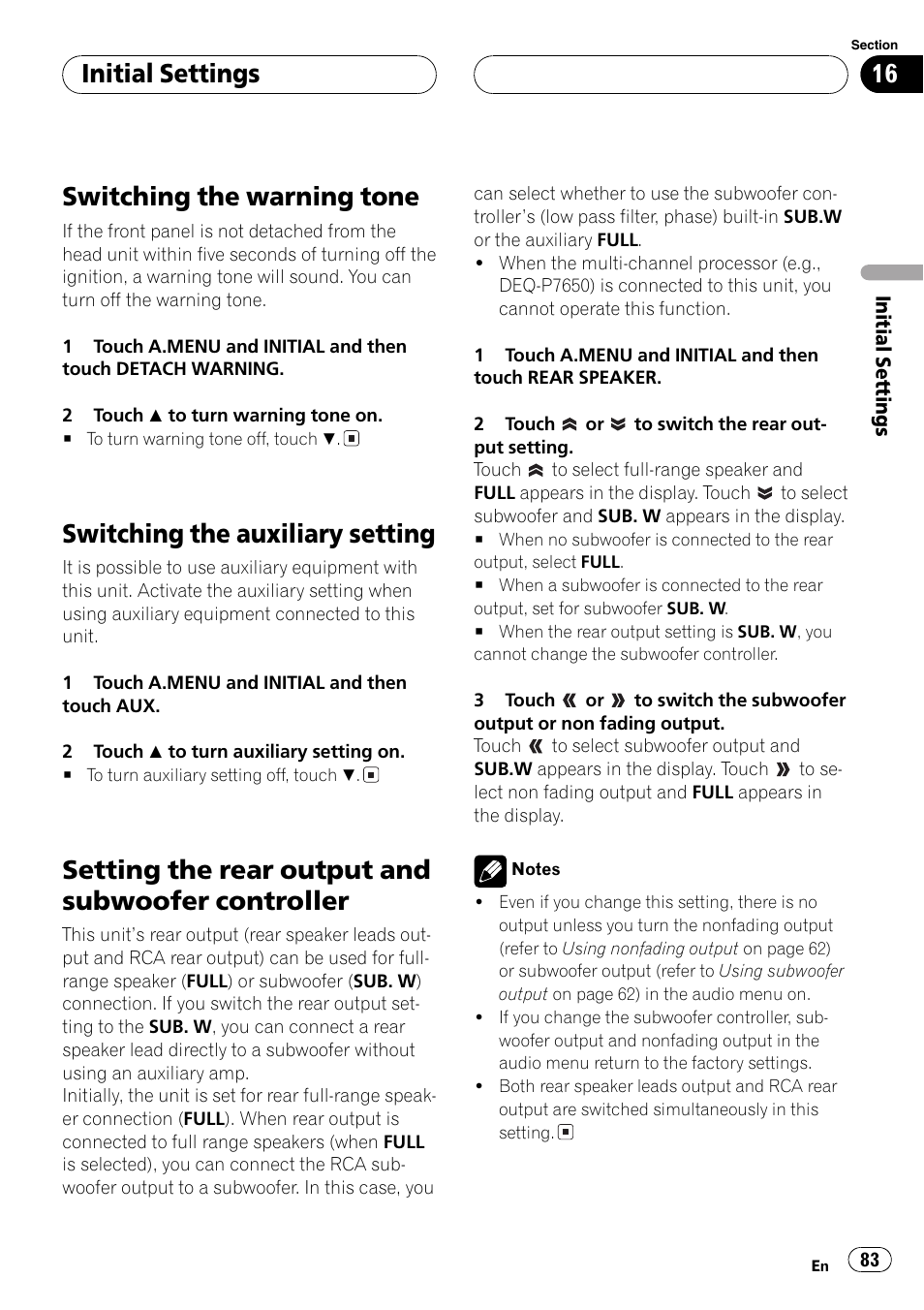 Controller 83, Switching the warning tone, Switching the auxiliary setting | Setting the rear output and subwoofer controller, Initialsettings | Pioneer Super Tuner III D AVH-P6650DVD User Manual | Page 83 / 106