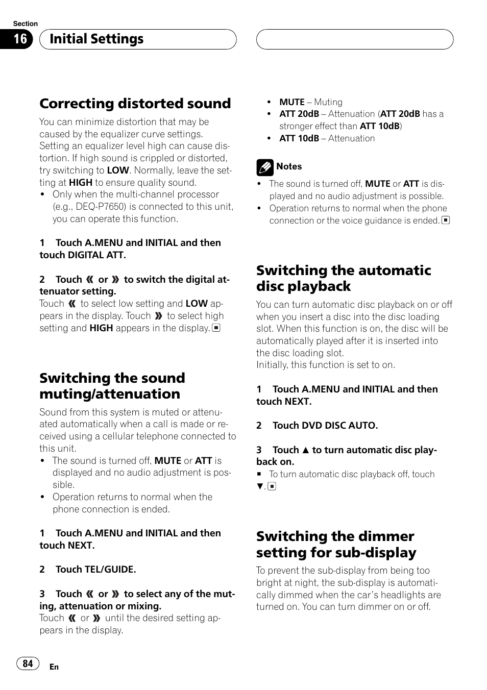 Display 84, Switching, Correcting distorted sound | Switching the sound muting/attenuation, Switching the automatic disc playback, Switching the dimmer setting for sub-display, Initialsettings | Pioneer Super Tuner III D AVH-P6650DVD User Manual | Page 84 / 106