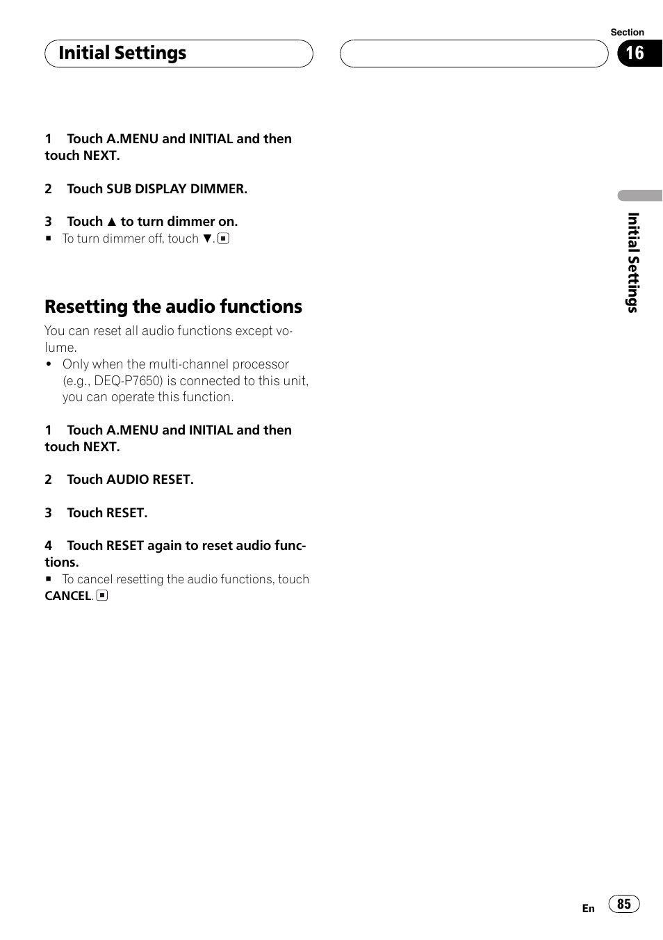 Resetting the audio functions 85, Resetting the audio functions, Initialsettings | Pioneer Super Tuner III D AVH-P6650DVD User Manual | Page 85 / 106