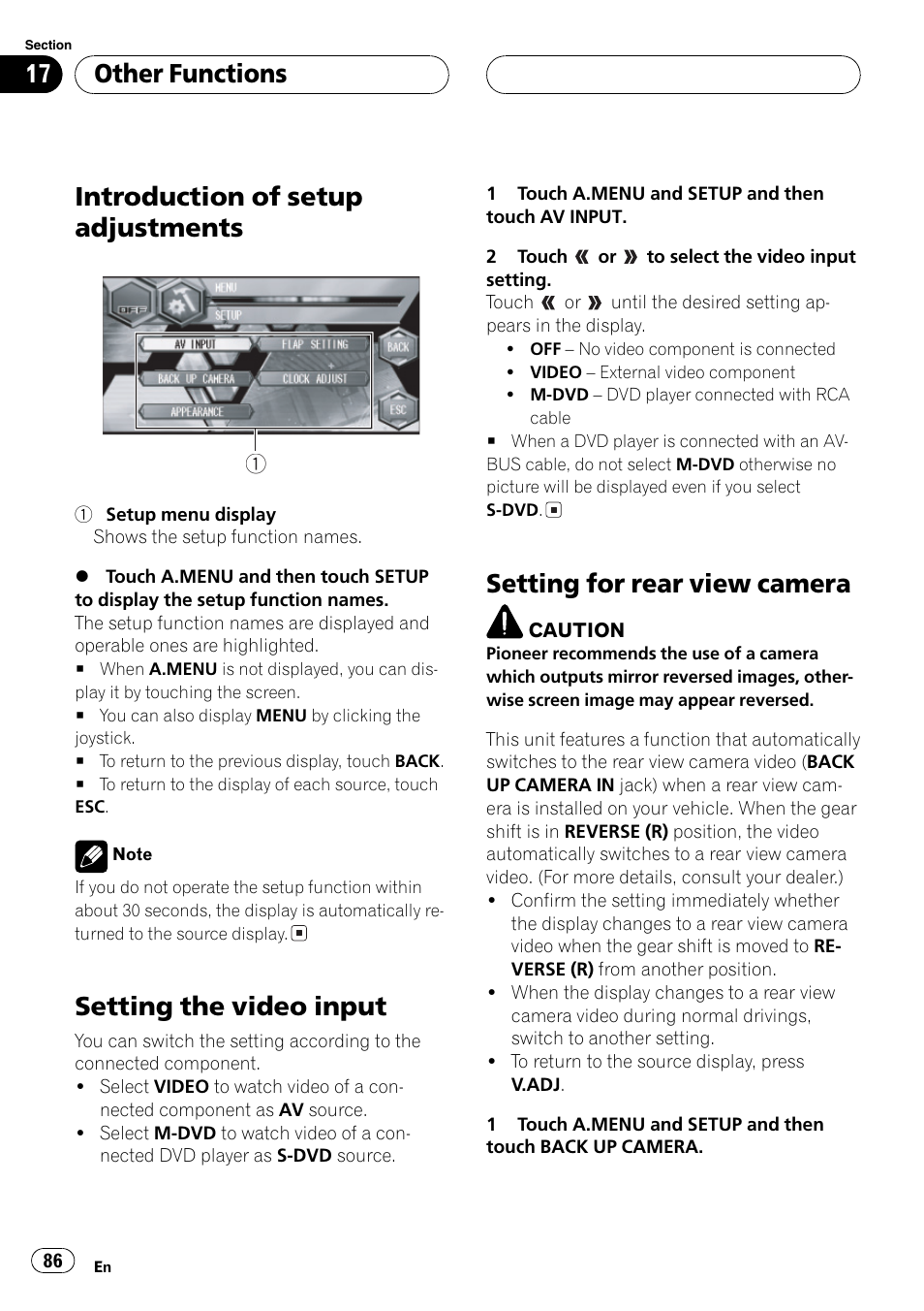 Introduction of setup adjustments, Setting the video input, Setting for rear view camera | Other functions | Pioneer Super Tuner III D AVH-P6650DVD User Manual | Page 86 / 106