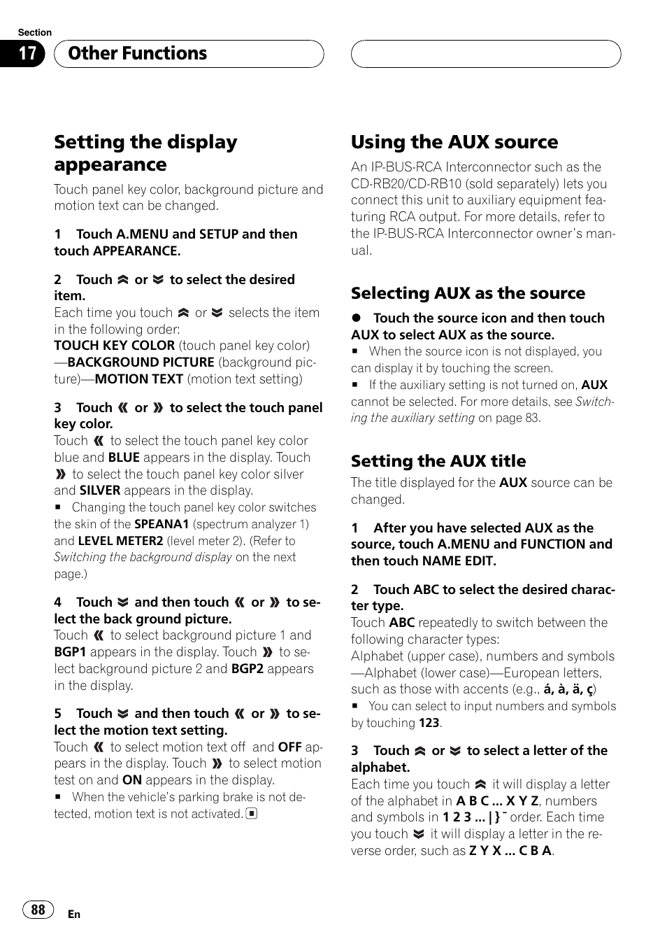 Setting the display appearance, Using the aux source, Other functions | Selecting aux as the source, Setting the aux title | Pioneer Super Tuner III D AVH-P6650DVD User Manual | Page 88 / 106