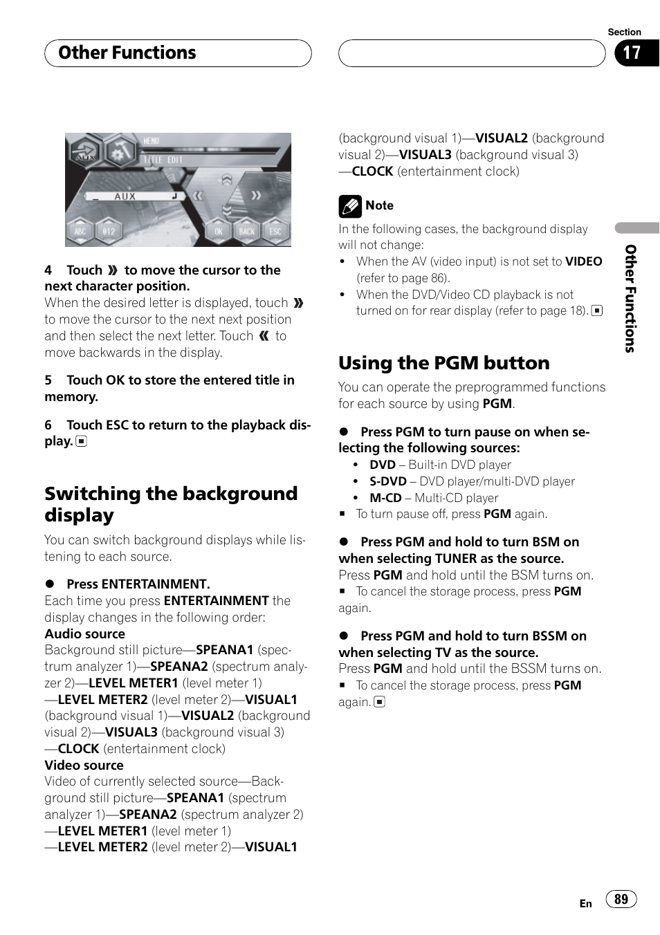 Using the, Switching the background display, Using the pgm button | Other functions | Pioneer Super Tuner III D AVH-P6650DVD User Manual | Page 89 / 106