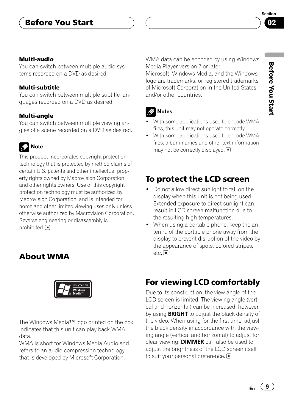 About wma, For viewing lcd comfortably, Before you start | Pioneer Super Tuner III D AVH-P6650DVD User Manual | Page 9 / 106