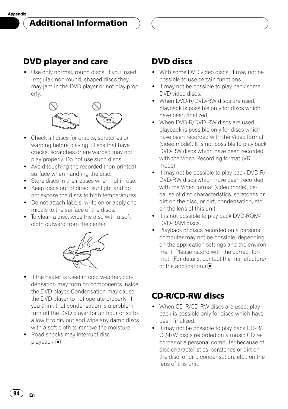 Dvd player and care, Dvd discs, Cd-r/cd-rw discs | Additionalinformation | Pioneer Super Tuner III D AVH-P6650DVD User Manual | Page 94 / 106