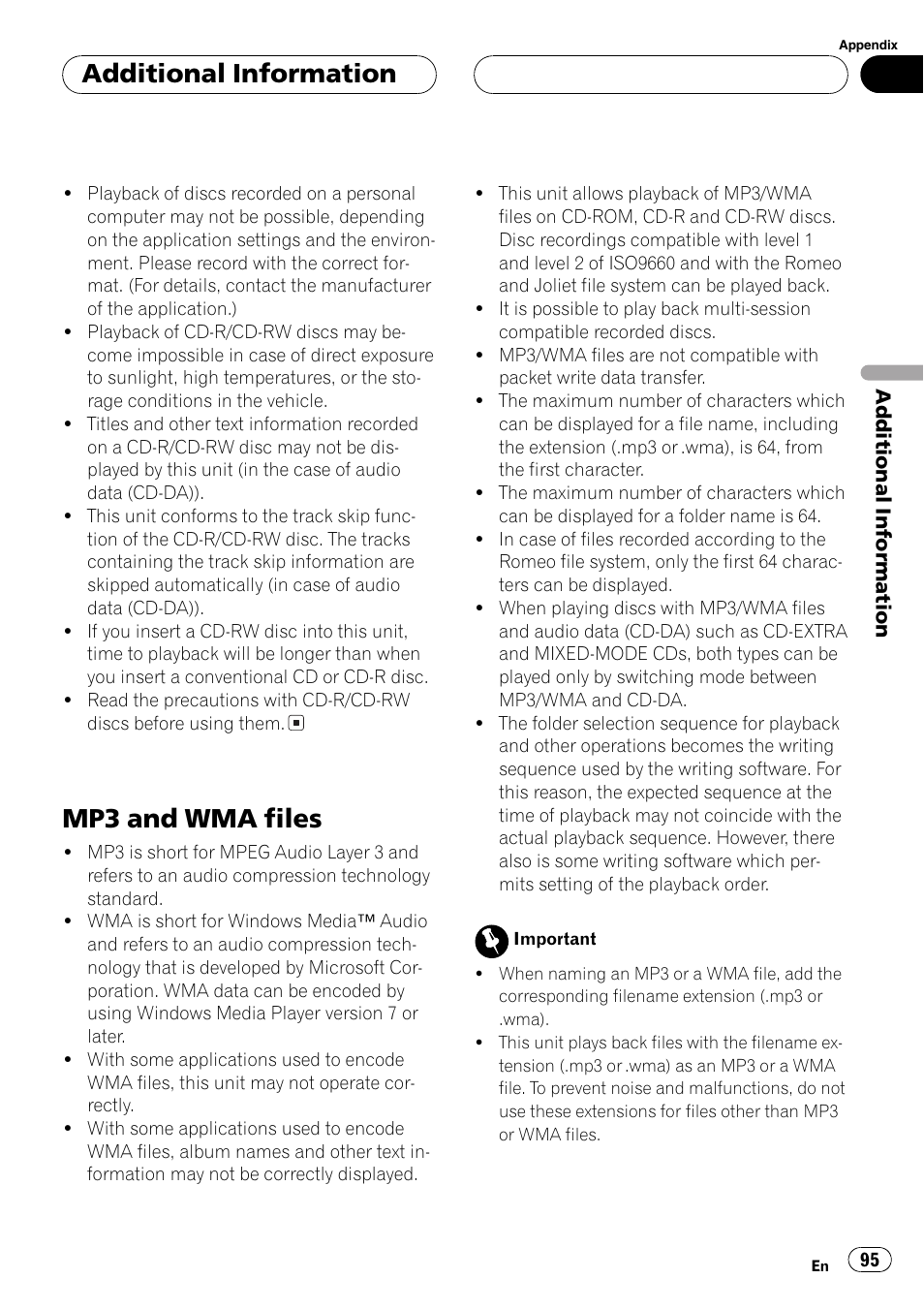 Mp3 and wma files 95, Mp3 and wma files, Additionalinformation | Pioneer Super Tuner III D AVH-P6650DVD User Manual | Page 95 / 106