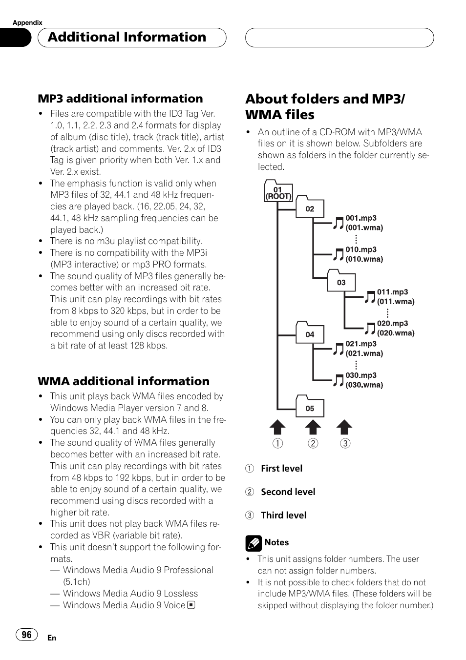 About folders and mp3/wma files 96, About folders and mp3/ wma files, Additionalinformation | Mp3 additionalinformation, Wma additionalinformation | Pioneer Super Tuner III D AVH-P6650DVD User Manual | Page 96 / 106