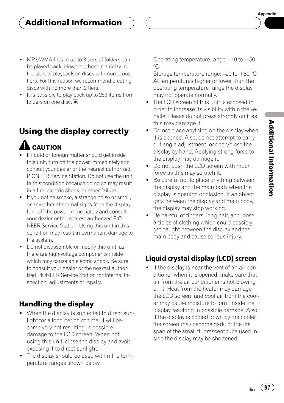 Using the display correctly 97, Using the display correctly, Additionalinformation | Handling the display, Liquid crystaldisplay (lcd) screen | Pioneer Super Tuner III D AVH-P6650DVD User Manual | Page 97 / 106