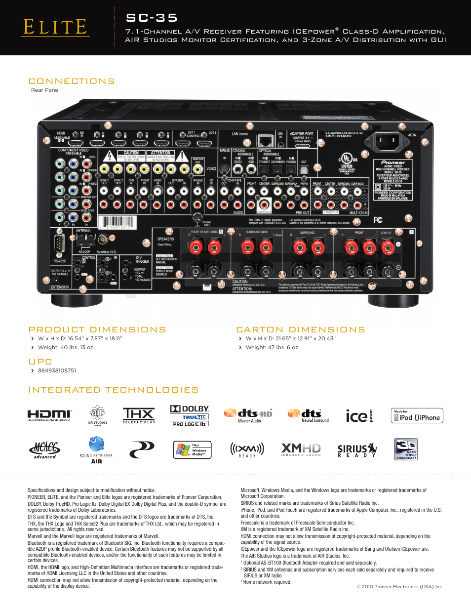 Sc-35, Connections, Integrated technologies product dimensions | Carton dimensions, Channel a/v receiver featuring icepower | Pioneer SC-35 User Manual | Page 2 / 2