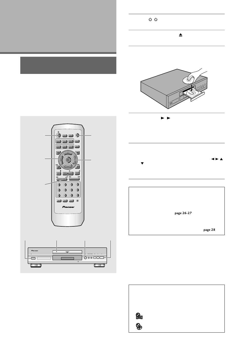 Getting started using your dvd player, Playing dvds, video cds and cds, Press ( standby/on on the front panel) | Press open/close ( 0 on the front panel), Load a disc, Press play 3 (3 on the front panel), Select the item you want to view, Dvd/video cd/cd, The disc tray comes out, When an operation is prohibited | Pioneer DV-333 User Manual | Page 20 / 56