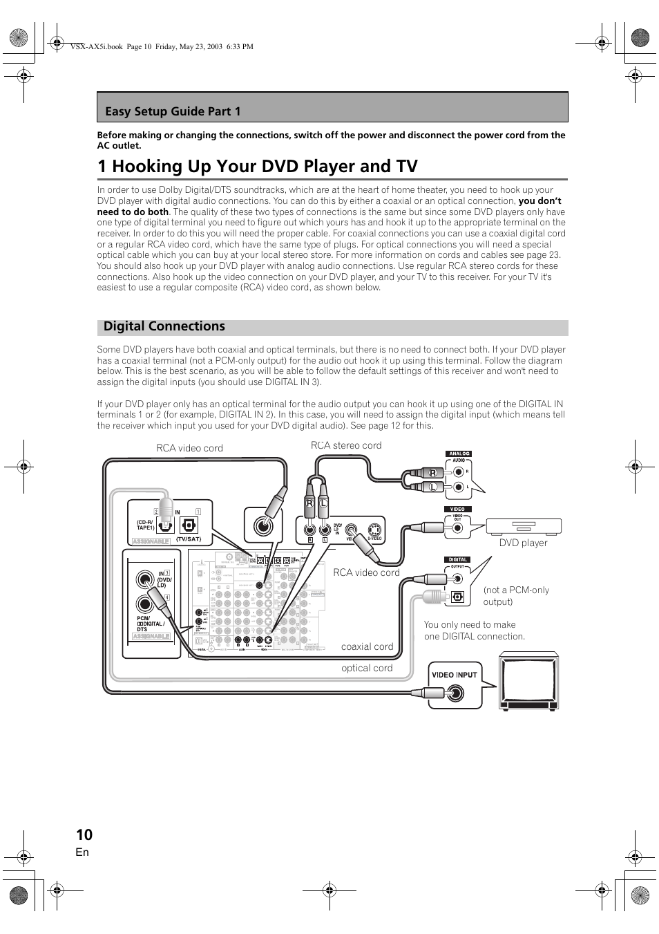 1 hooking up your dvd player and tv, Digital connections, Easy setup guide part 1 | Pioneer VSX-AX5i-G User Manual | Page 10 / 120