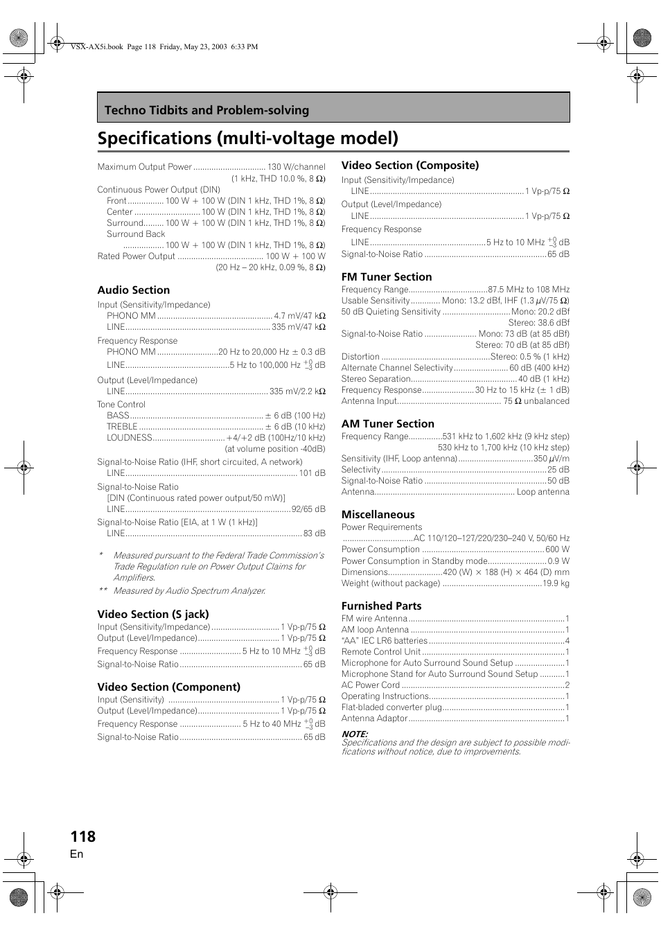 Specifications (multi-voltage model), Techno tidbits and problem-solving | Pioneer VSX-AX5i-G User Manual | Page 118 / 120