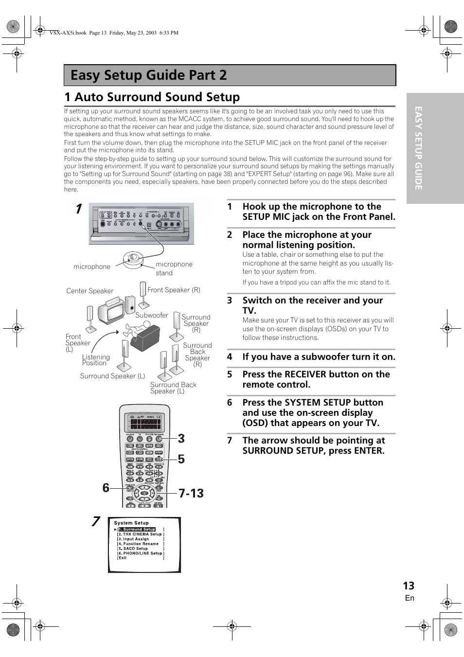 Easy setup guide part 2, 1 auto surround sound setup | Pioneer VSX-AX5i-G User Manual | Page 13 / 120