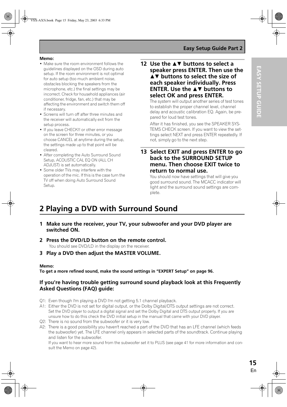 2 playing a dvd with surround sound | Pioneer VSX-AX5i-G User Manual | Page 15 / 120