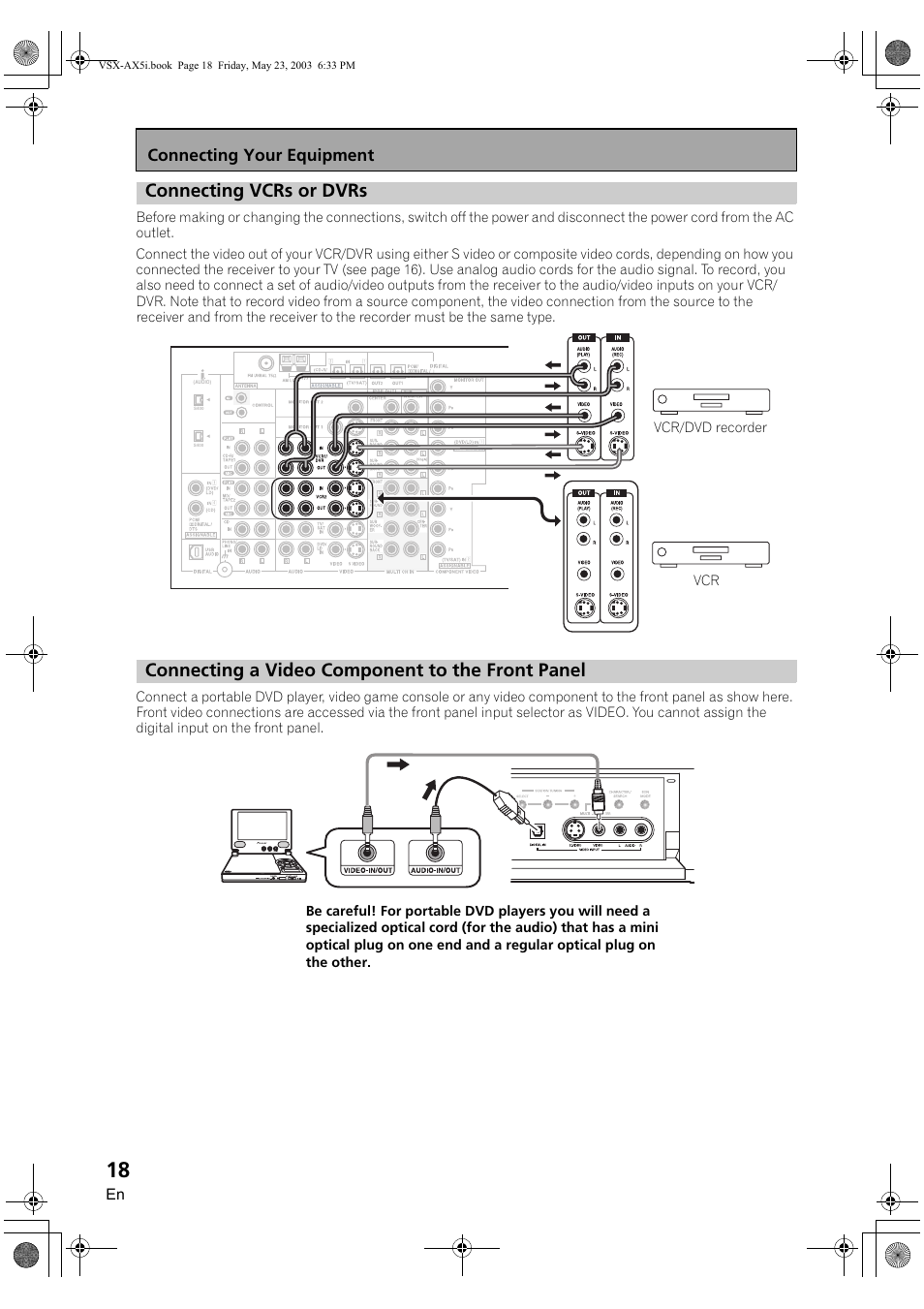 Connecting vcrs or dvrs, Connecting a video component to the front panel, Connecting your equipment | Pioneer VSX-AX5i-G User Manual | Page 18 / 120