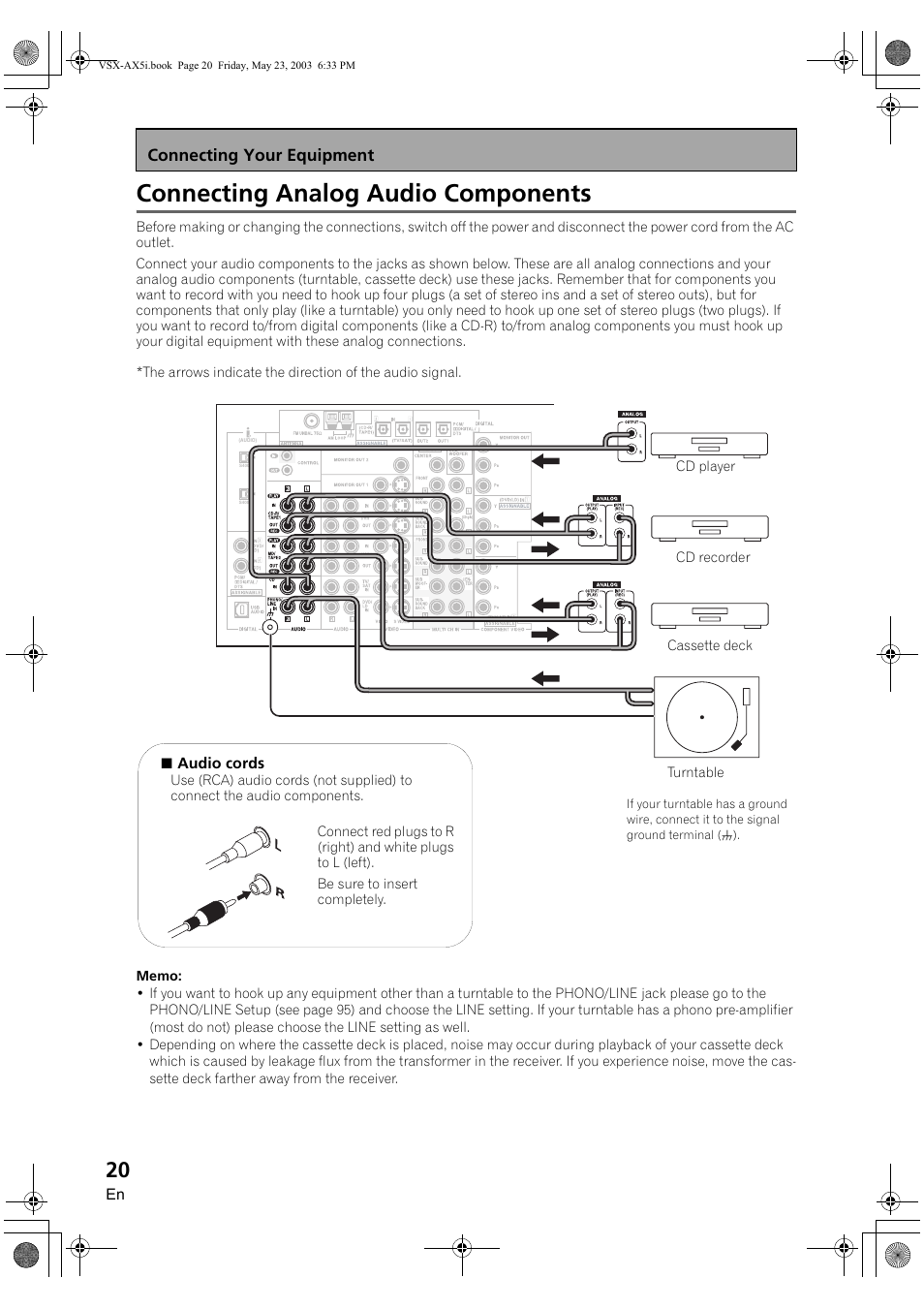 Connecting analog audio components, Connecting your equipment | Pioneer VSX-AX5i-G User Manual | Page 20 / 120