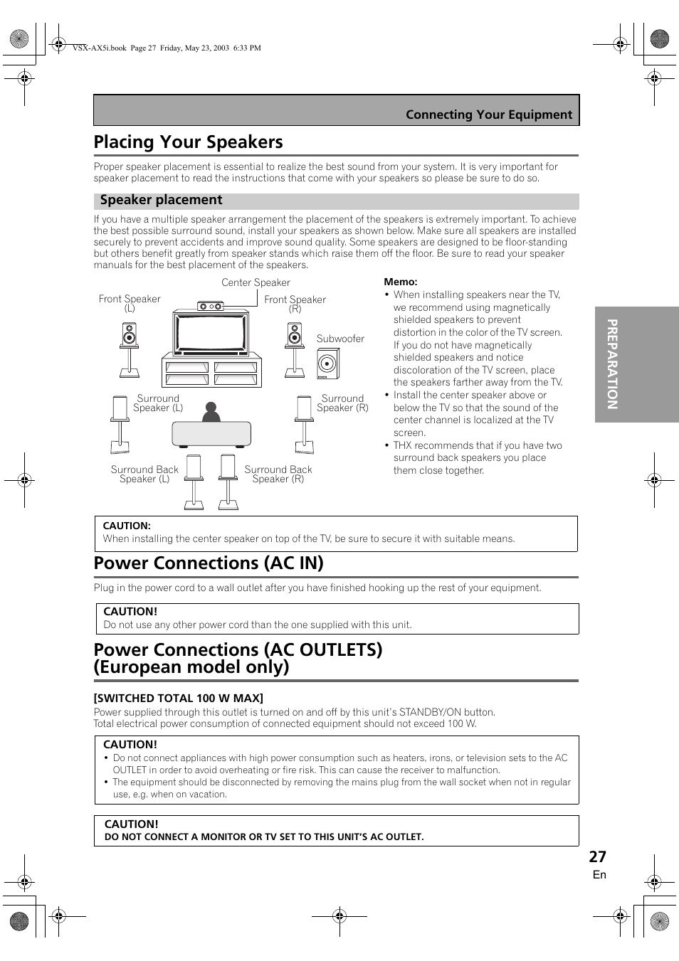 Placing your speakers, Speaker placement, Power connections (ac in) | Preparation | Pioneer VSX-AX5i-G User Manual | Page 27 / 120