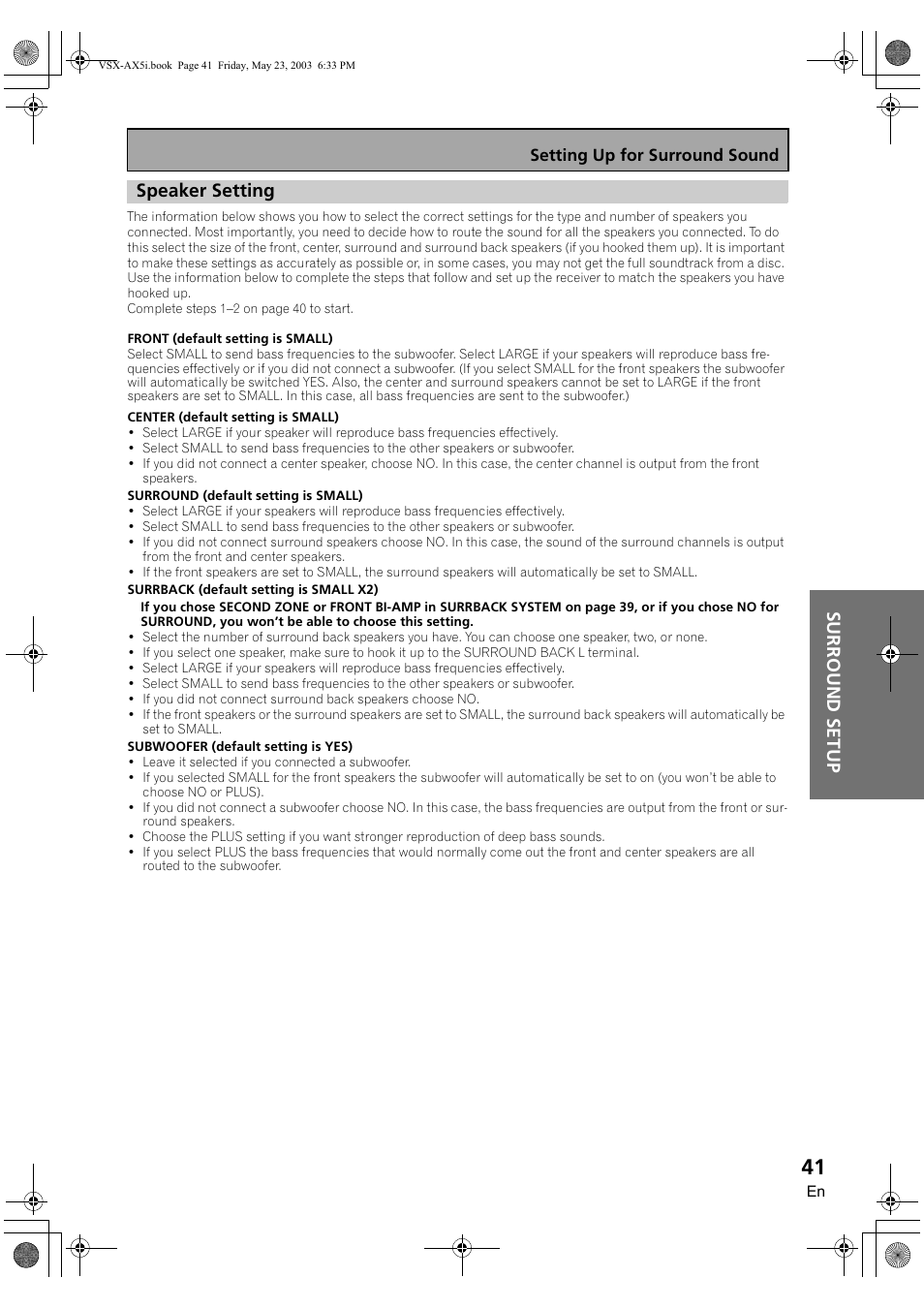 Speaker setting, Surround setup speaker setting | Pioneer VSX-AX5i-G User Manual | Page 41 / 120