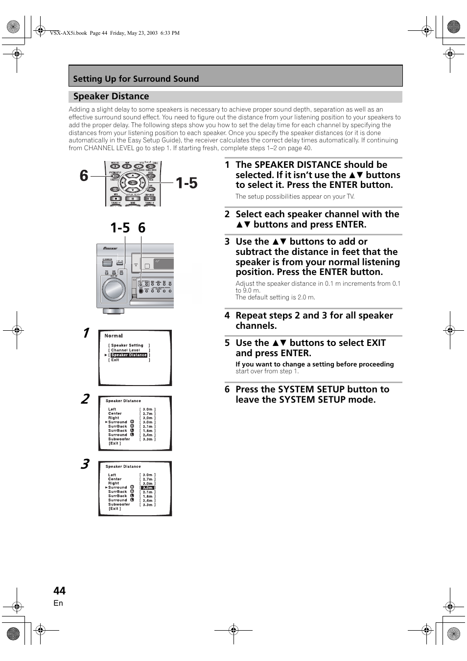 Speaker distance | Pioneer VSX-AX5i-G User Manual | Page 44 / 120