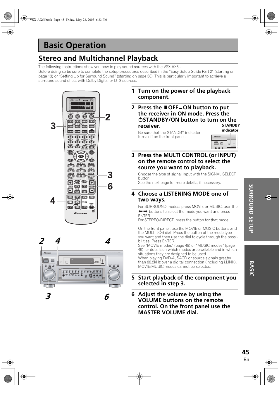 Basic operation, Stereo and multichannel playback | Pioneer VSX-AX5i-G User Manual | Page 45 / 120
