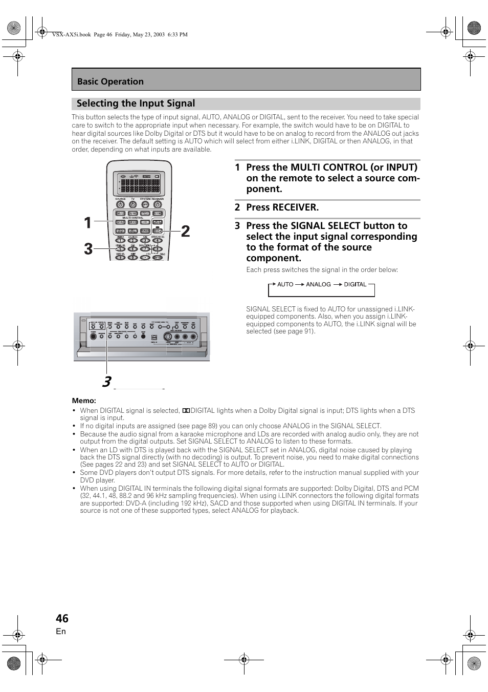Selecting the input signal | Pioneer VSX-AX5i-G User Manual | Page 46 / 120