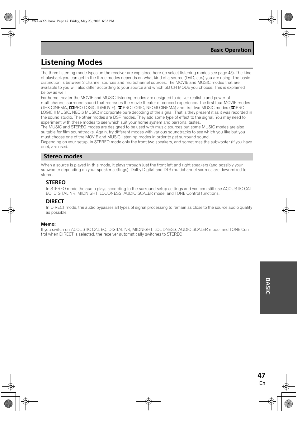 Listening modes, Stereo modes | Pioneer VSX-AX5i-G User Manual | Page 47 / 120