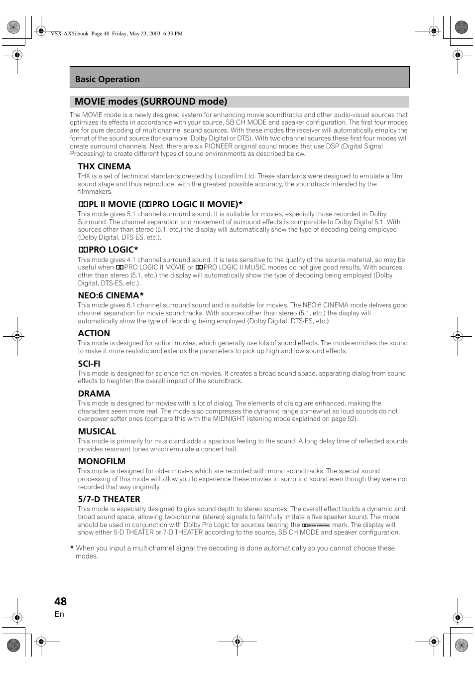 Movie modes (surround mode) | Pioneer VSX-AX5i-G User Manual | Page 48 / 120