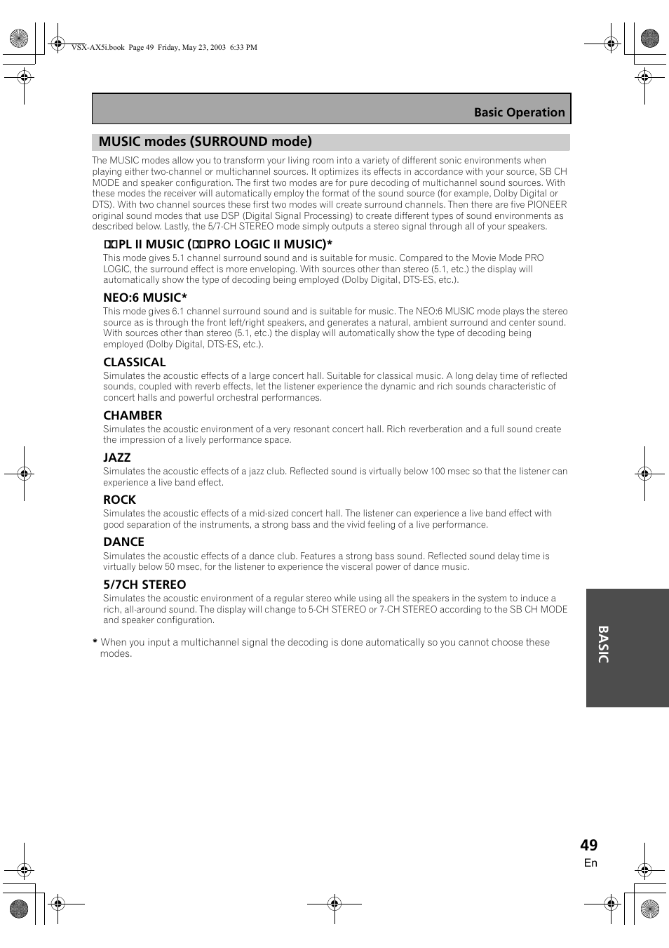 Music modes (surround mode), Ba sic music modes (surround mode) | Pioneer VSX-AX5i-G User Manual | Page 49 / 120
