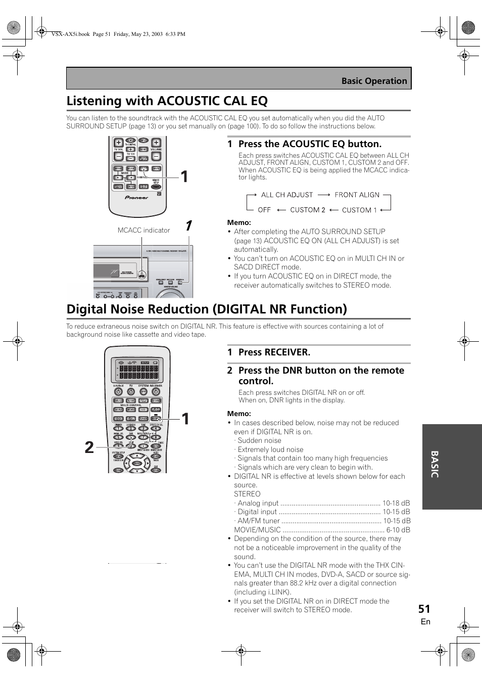 Listening with acoustic cal eq, Digital noise reduction (digital nr function) | Pioneer VSX-AX5i-G User Manual | Page 51 / 120