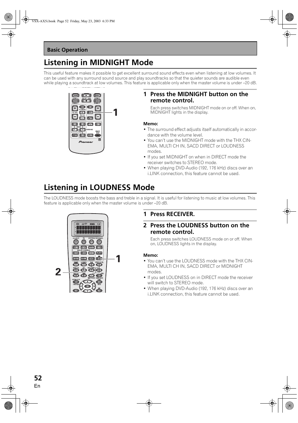 Listening in midnight mode, Listening in loudness mode | Pioneer VSX-AX5i-G User Manual | Page 52 / 120
