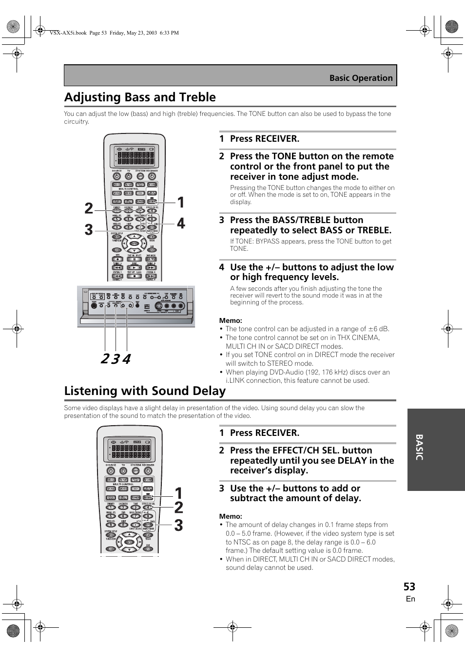 Adjusting bass and treble, Listening with sound delay | Pioneer VSX-AX5i-G User Manual | Page 53 / 120