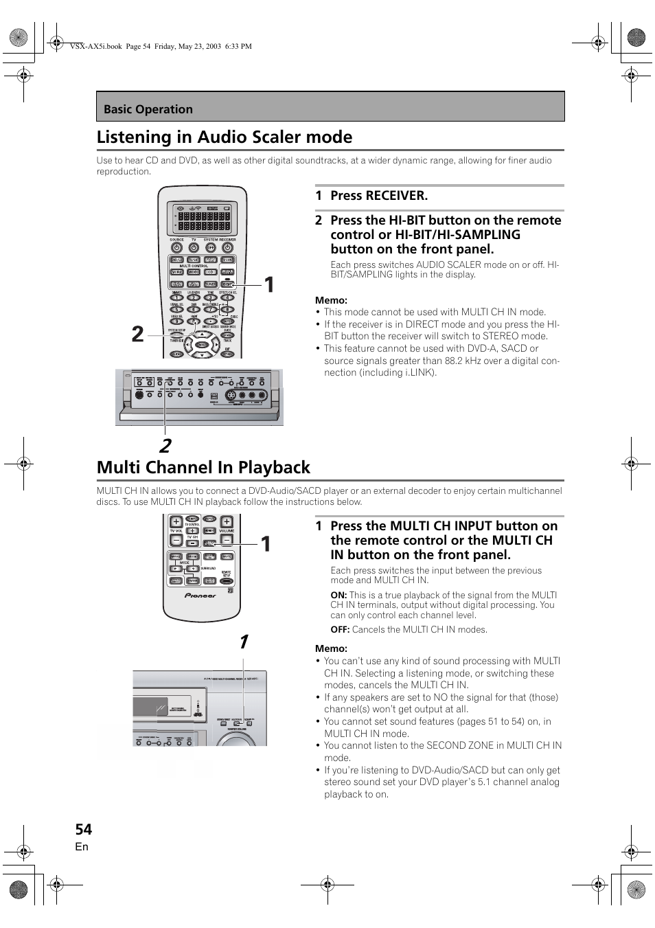 Listening in audio scaler mode, Multi channel in playback | Pioneer VSX-AX5i-G User Manual | Page 54 / 120