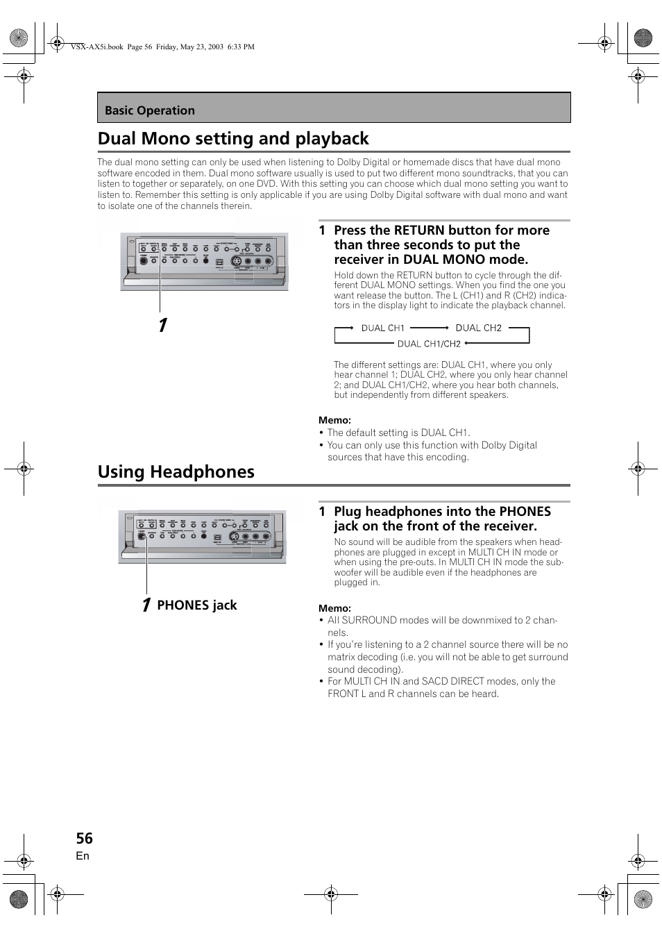 Dual mono setting and playback using headphones, Dual mono setting and playback, Using headphones | Pioneer VSX-AX5i-G User Manual | Page 56 / 120