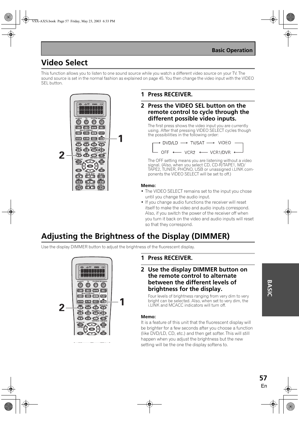 Video select, Adjusting the brightness of the display (dimmer) | Pioneer VSX-AX5i-G User Manual | Page 57 / 120
