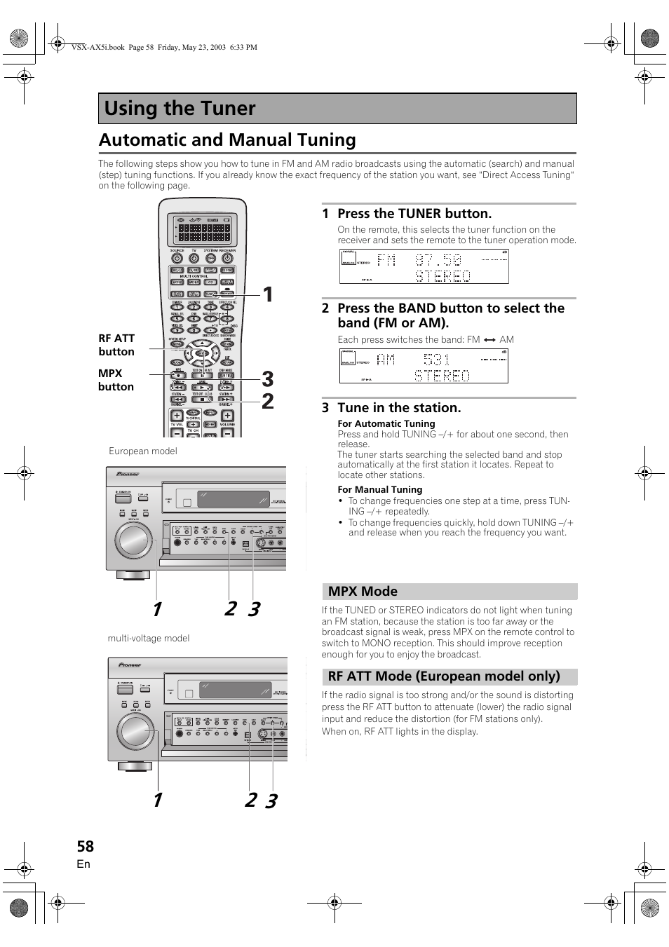Using the tuner, Automatic and manual tuning, Mpx mode rf att mode (european model only) | Pioneer VSX-AX5i-G User Manual | Page 58 / 120
