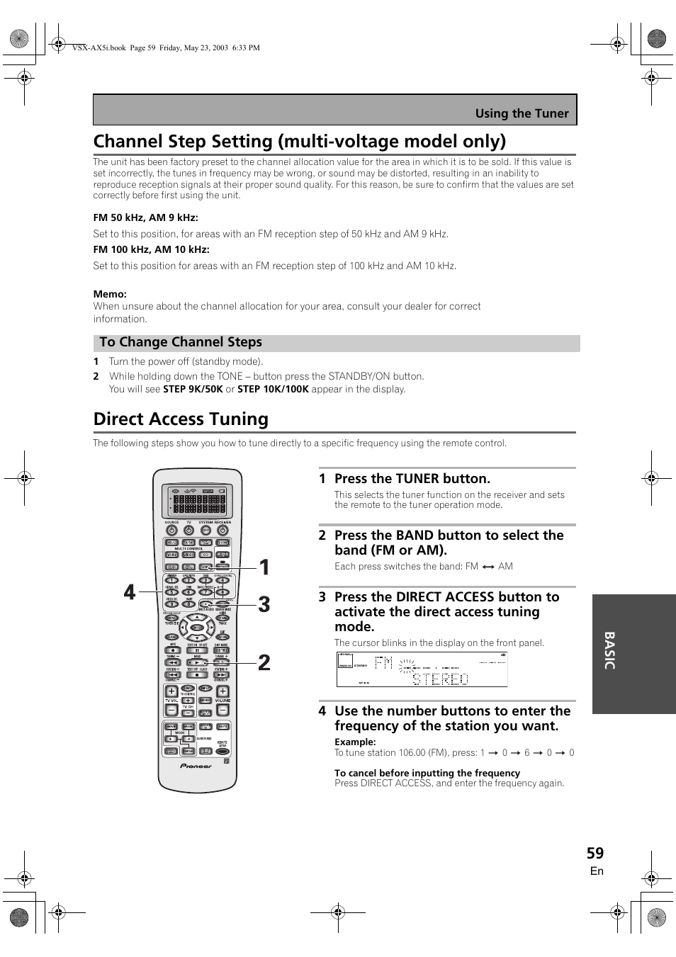 Channel step setting (multi-voltage model only), To change channel steps, Direct access tuning | Pioneer VSX-AX5i-G User Manual | Page 59 / 120
