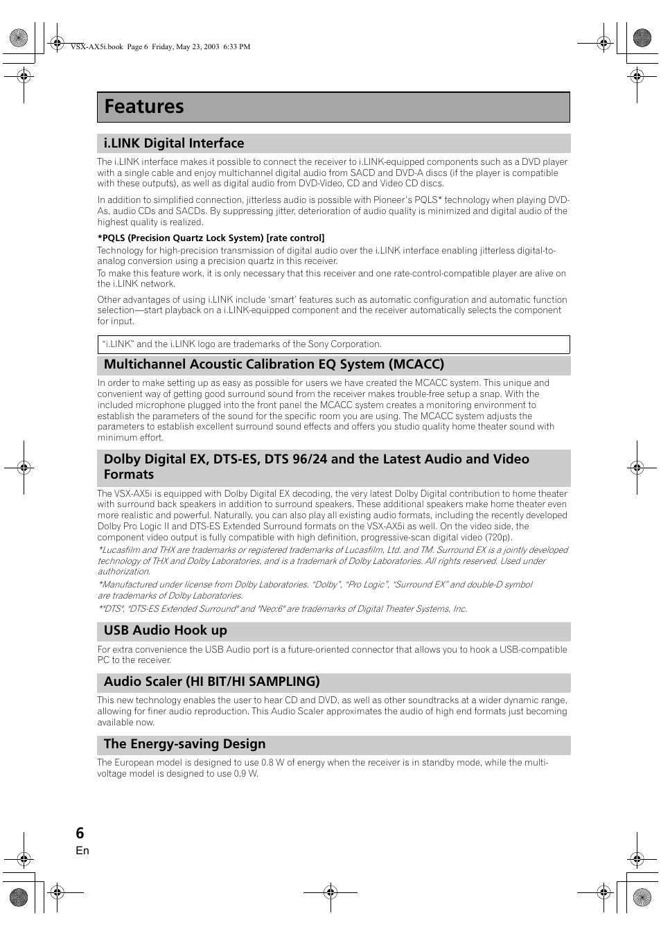 Features, Before you start | Pioneer VSX-AX5i-G User Manual | Page 6 / 120