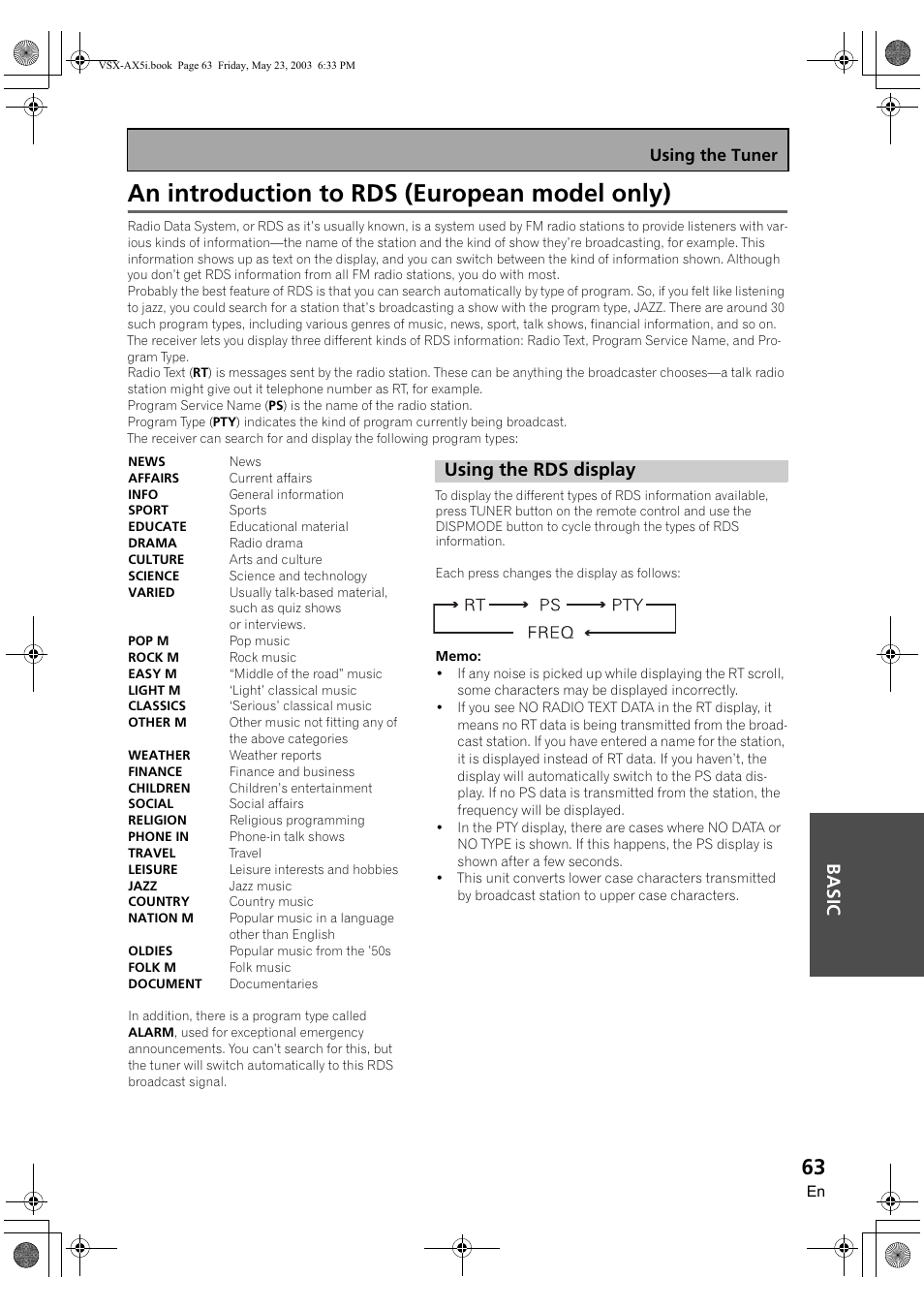 An introduction to rds (european model only), Using the rds display, Ba sic | Using the tuner | Pioneer VSX-AX5i-G User Manual | Page 63 / 120