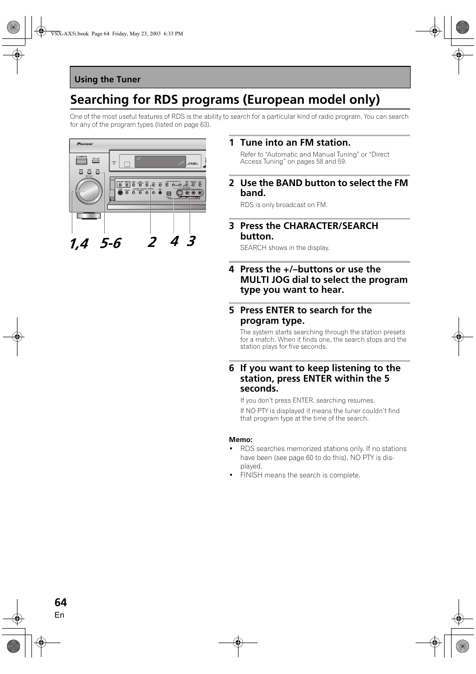Searching for rds programs (european model only) | Pioneer VSX-AX5i-G User Manual | Page 64 / 120