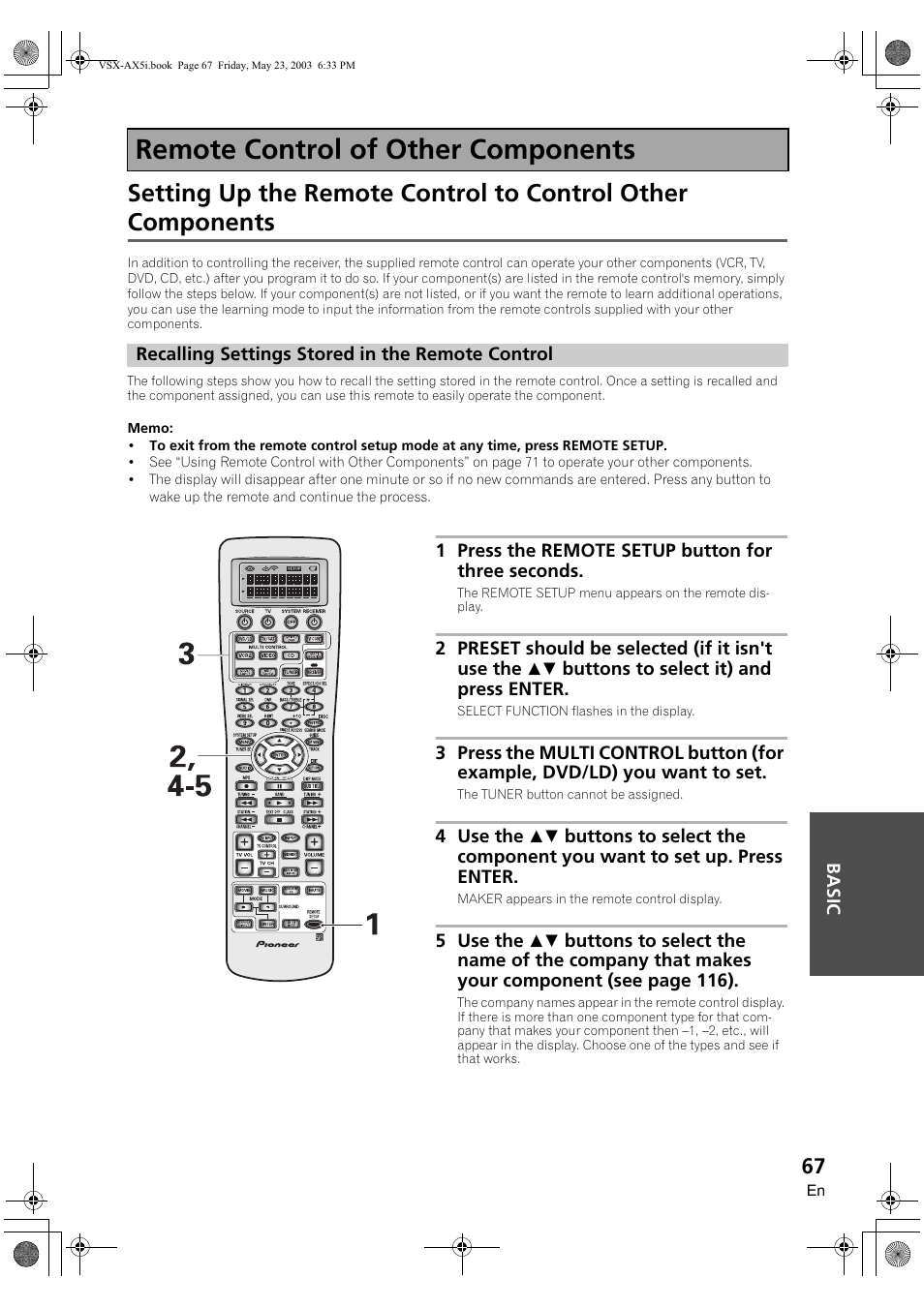 Remote control of other components, Recalling settings stored in the remote control | Pioneer VSX-AX5i-G User Manual | Page 67 / 120