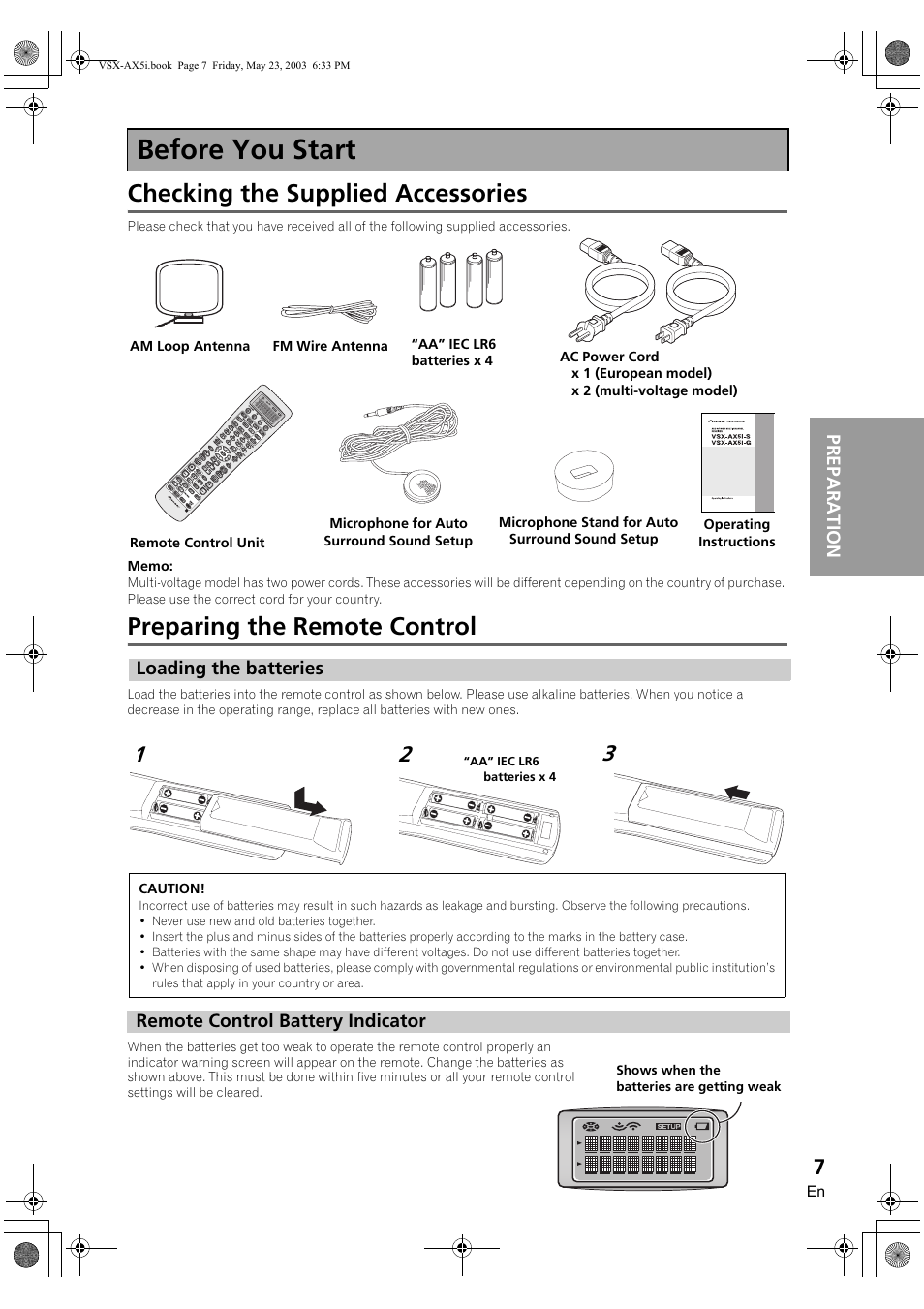 Before you start, Checking the supplied accessories, Preparing the remote control | Pioneer VSX-AX5i-G User Manual | Page 7 / 120