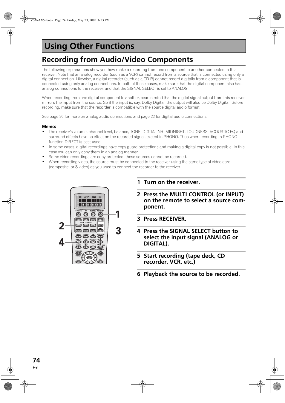 Using other functions, Recording from audio/video components | Pioneer VSX-AX5i-G User Manual | Page 74 / 120