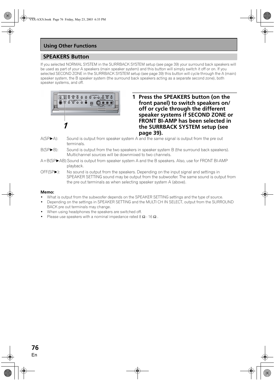 Speakers button | Pioneer VSX-AX5i-G User Manual | Page 76 / 120