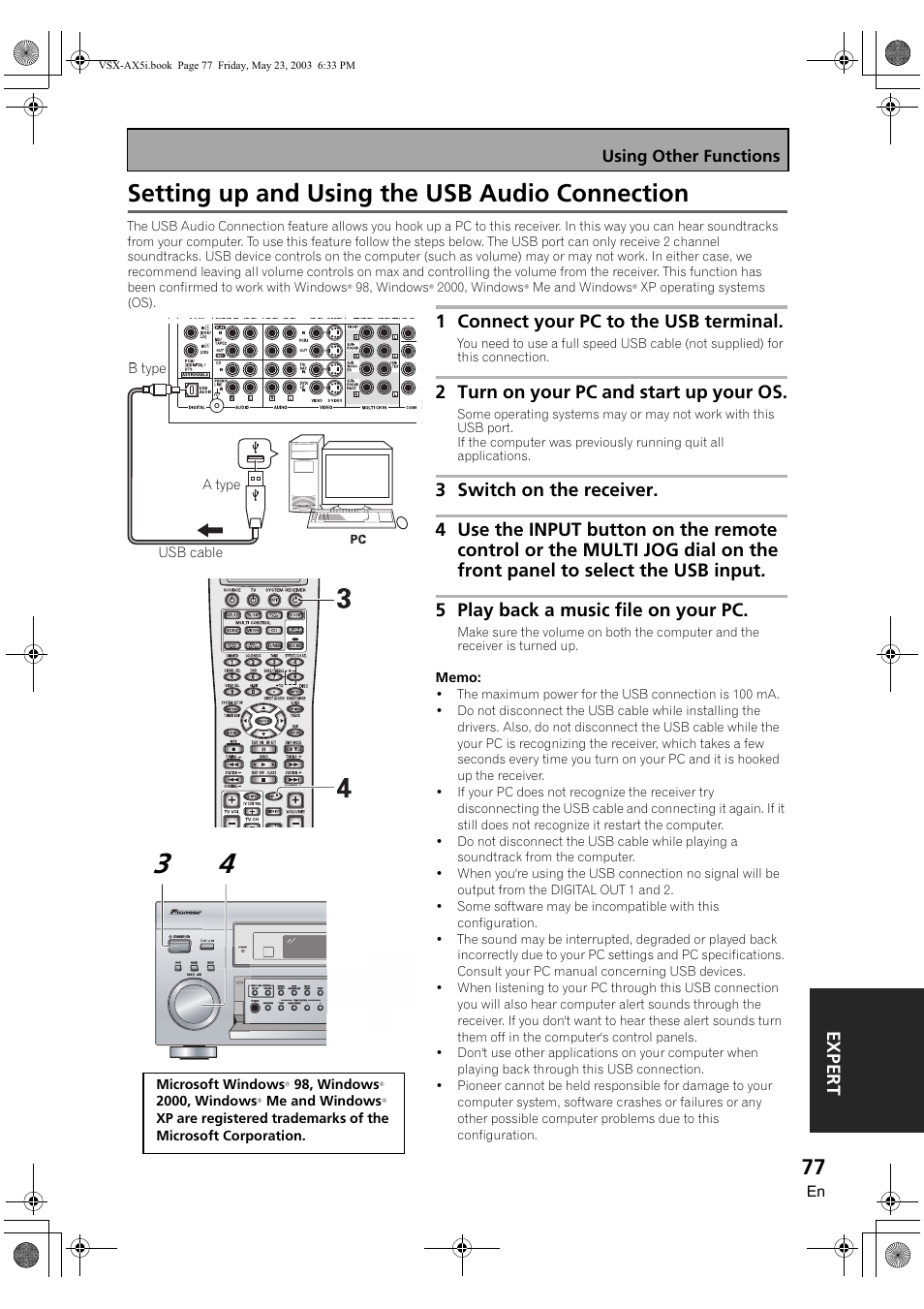 Setting up and using the usb audio connection, Expert, 1 connect your pc to the usb terminal | 2 turn on your pc and start up your os | Pioneer VSX-AX5i-G User Manual | Page 77 / 120