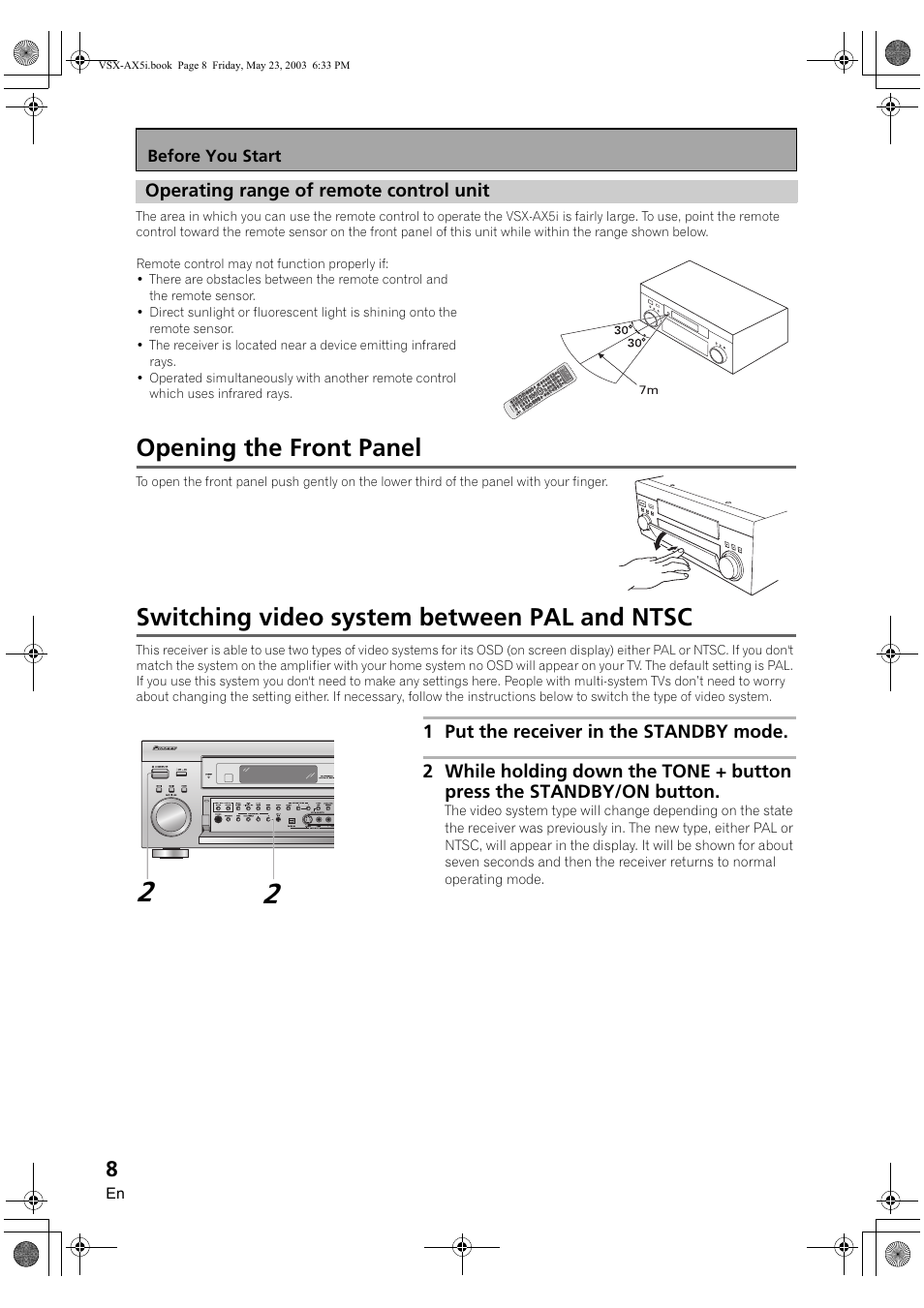 Operating range of remote control unit, Opening the front panel, Switching video system between pal and ntsc | Pioneer VSX-AX5i-G User Manual | Page 8 / 120
