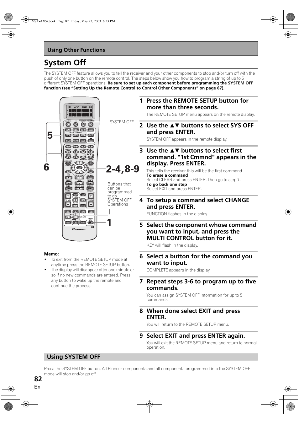 System off, Using system off | Pioneer VSX-AX5i-G User Manual | Page 82 / 120