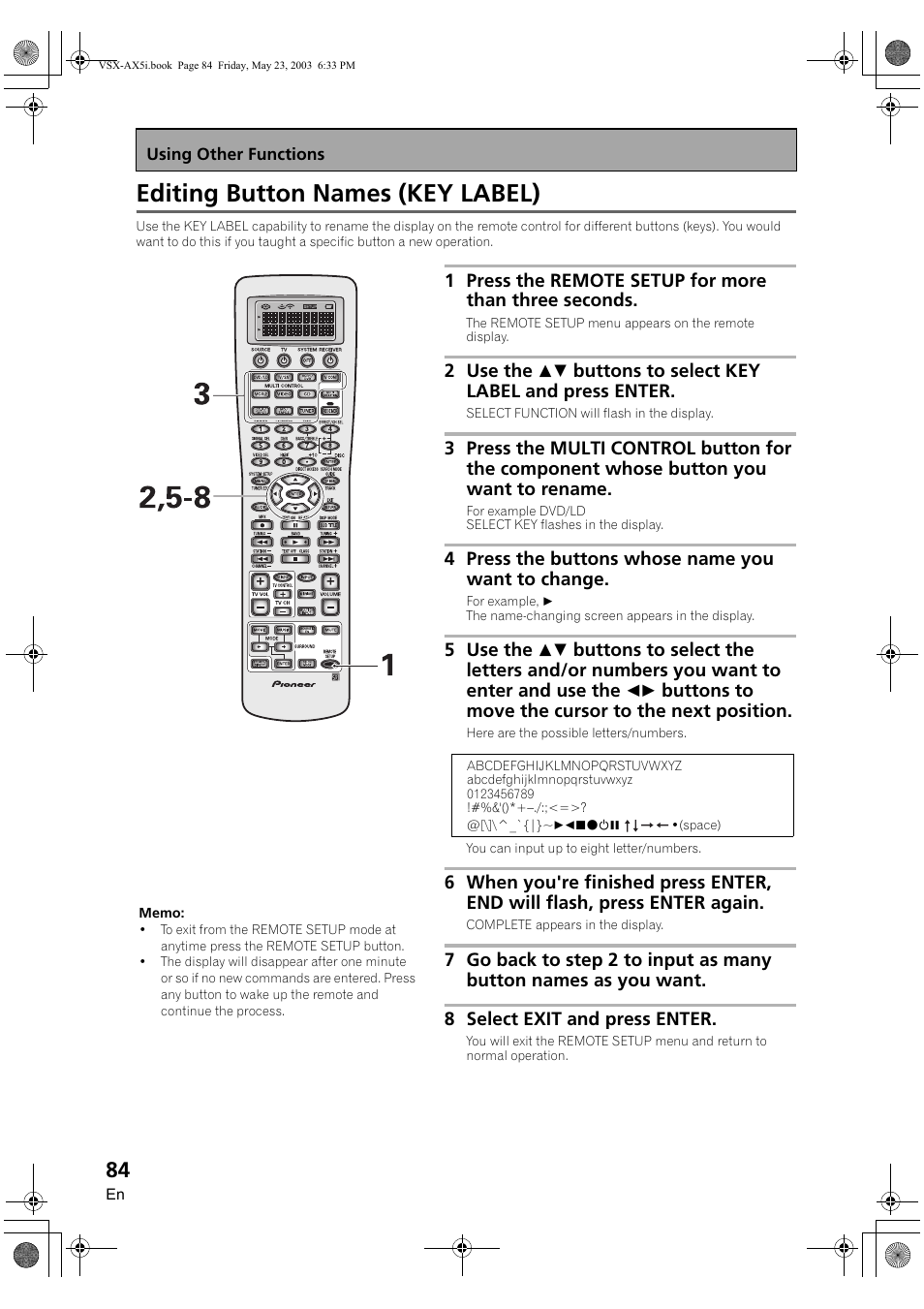 Editing button names (key label) | Pioneer VSX-AX5i-G User Manual | Page 84 / 120