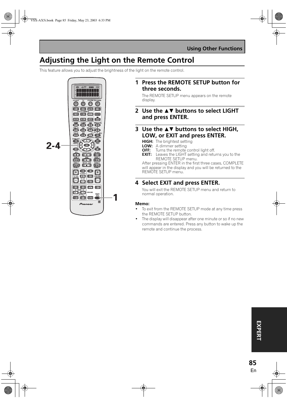 Adjusting the light on the remote control | Pioneer VSX-AX5i-G User Manual | Page 85 / 120