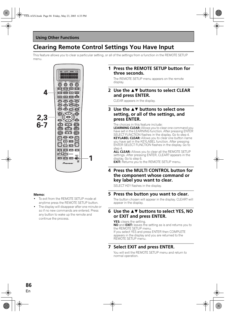 Clearing remote control settings you have input | Pioneer VSX-AX5i-G User Manual | Page 86 / 120