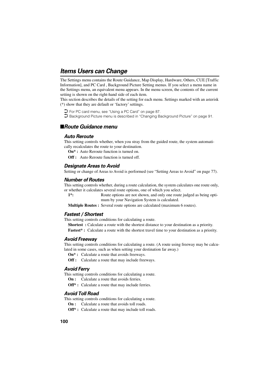 Items users can change, Route guidance menu | Pioneer CNDV-20 User Manual | Page 102 / 200