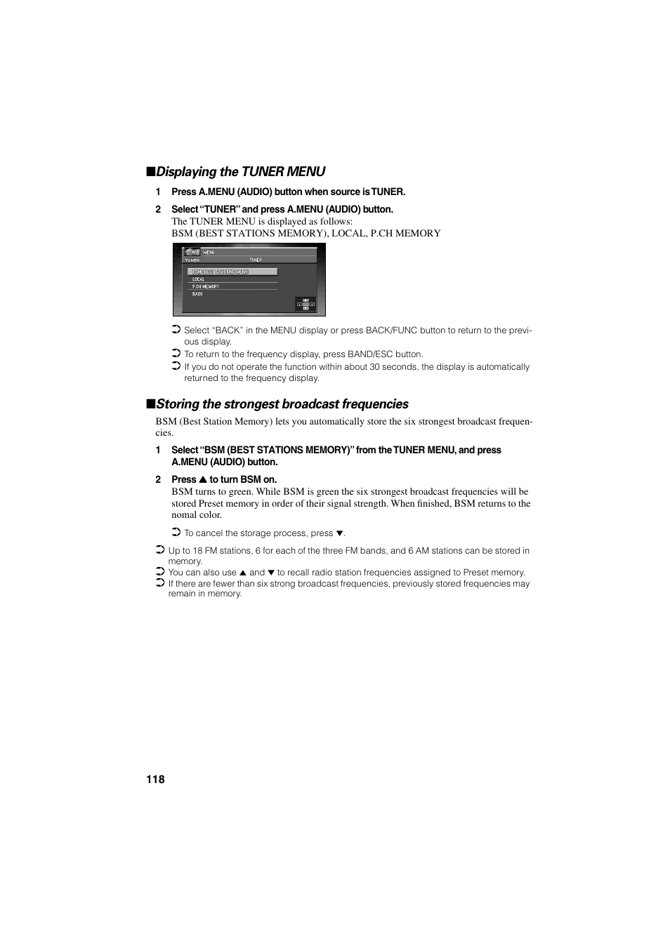 Displaying the tuner menu, Storing the strongest broadcast frequencies | Pioneer CNDV-20 User Manual | Page 120 / 200